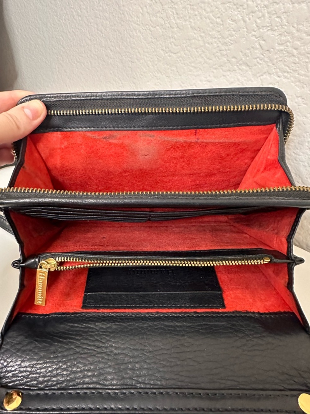 Hammitt Black Leather Crossbody Bag with Red Suede Interior Removable Strap - Picture 6 of 14